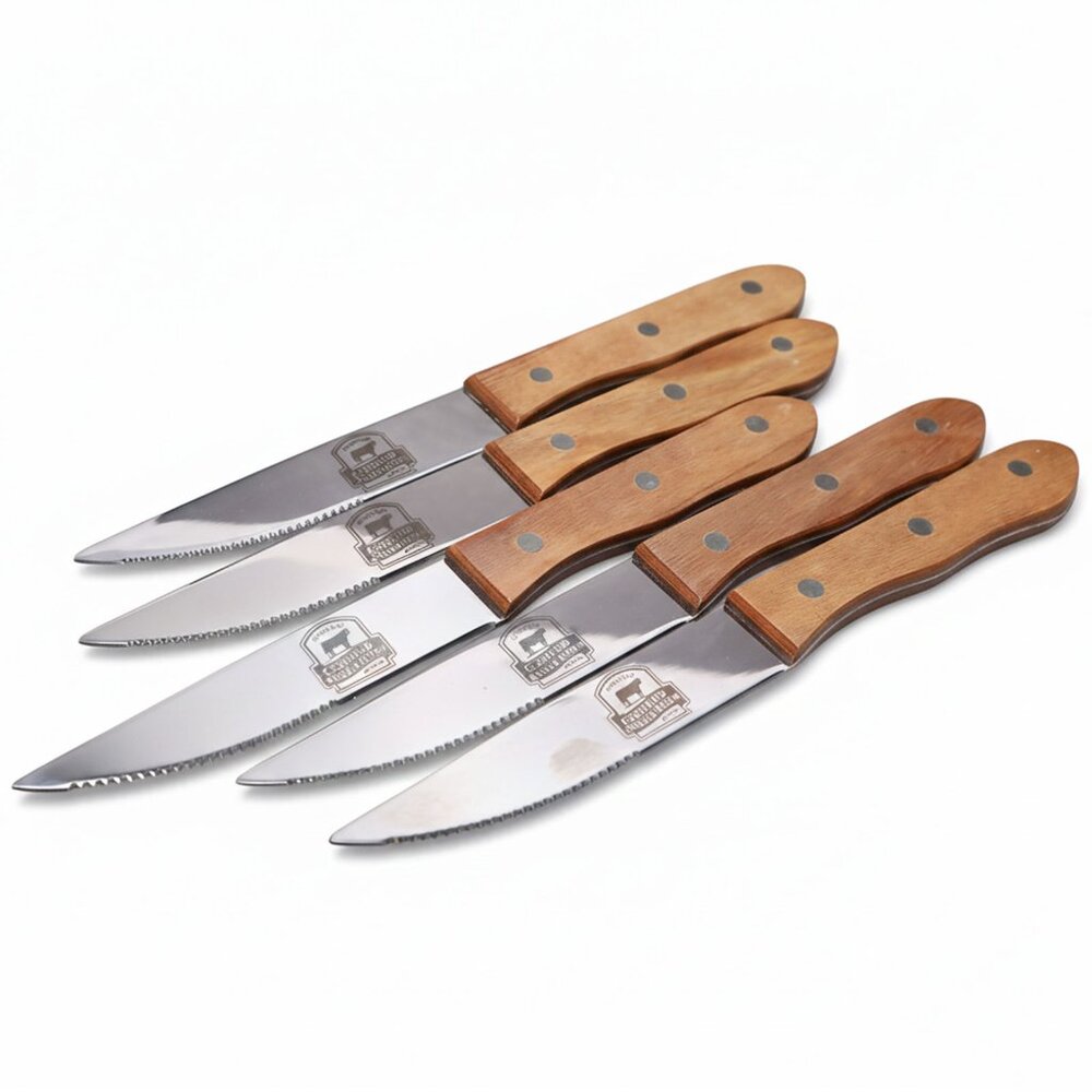 Certified Angus Beef Steak Knives Set of 5 Wood Handle Serrated Blade Rustic New